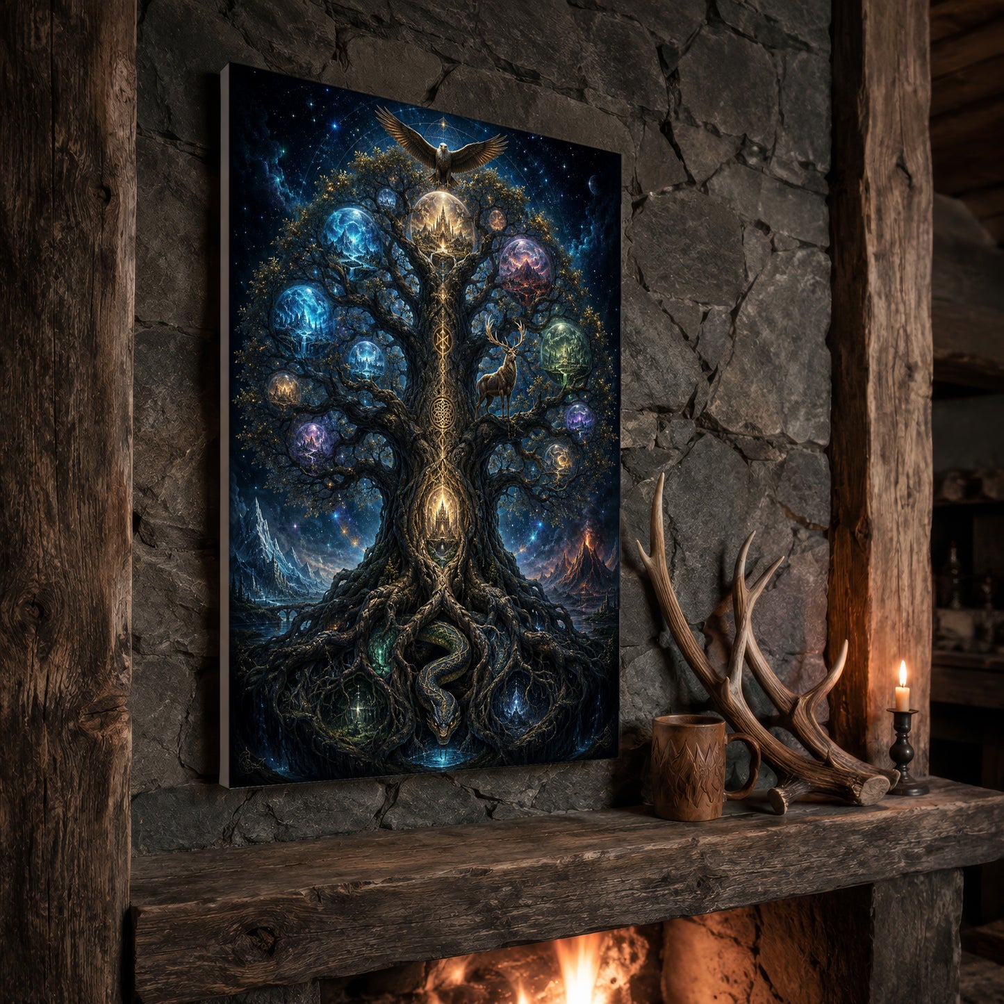 Yggdrasil tree print propped at an angle on a rustic stone fireplace mantel framed by timber beams, beside shed antlers, a carved wooden mug and a lit candle, with firelight glowing from the hearth below.