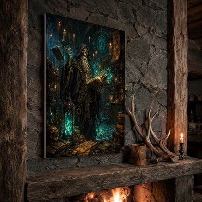 The Hollow Archivist canvas propped at an angle on a rustic stone fireplace mantel framed by timber beams, beside a carved wooden mug and shed antlers, with a lit candle in a black holder and firelight glowing from the hearth below.