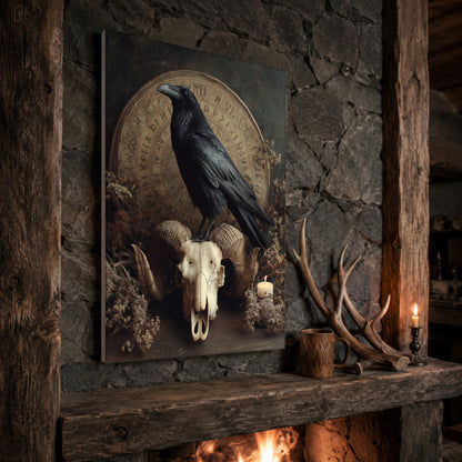 Hrafn raven print propped at an angle on a rustic stone fireplace mantel framed by timber beams, beside shed antlers, a carved wooden mug and a lit candle, with firelight glowing from the hearth below.
