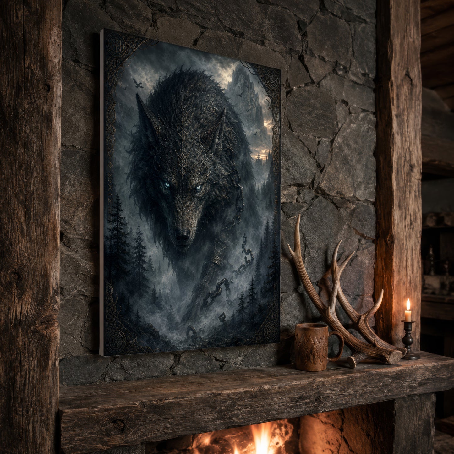 Vanagandr print propped at an angle on a rustic stone fireplace mantel framed by timber beams, beside shed antlers, a carved wooden mug and a lit candle, with firelight glowing from the hearth below.