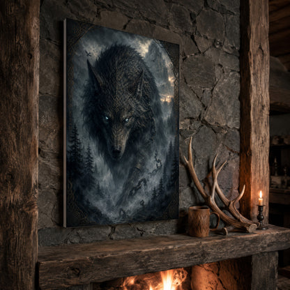 Vanagandr print propped at an angle on a rustic stone fireplace mantel framed by timber beams, beside shed antlers, a carved wooden mug and a lit candle, with firelight glowing from the hearth below.