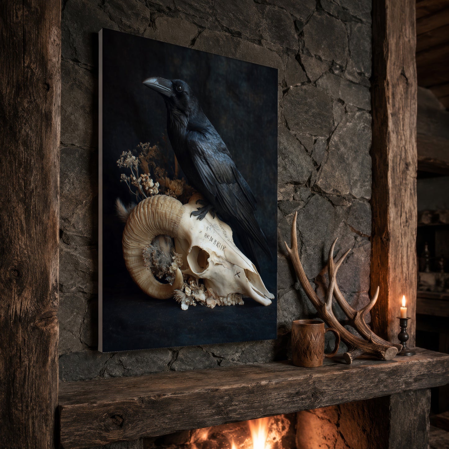 Hel bone print propped at an angle on a rustic stone fireplace mantel framed by timber beams, beside shed antlers, a carved wooden mug and a lit candle, with firelight glowing from the hearth below.