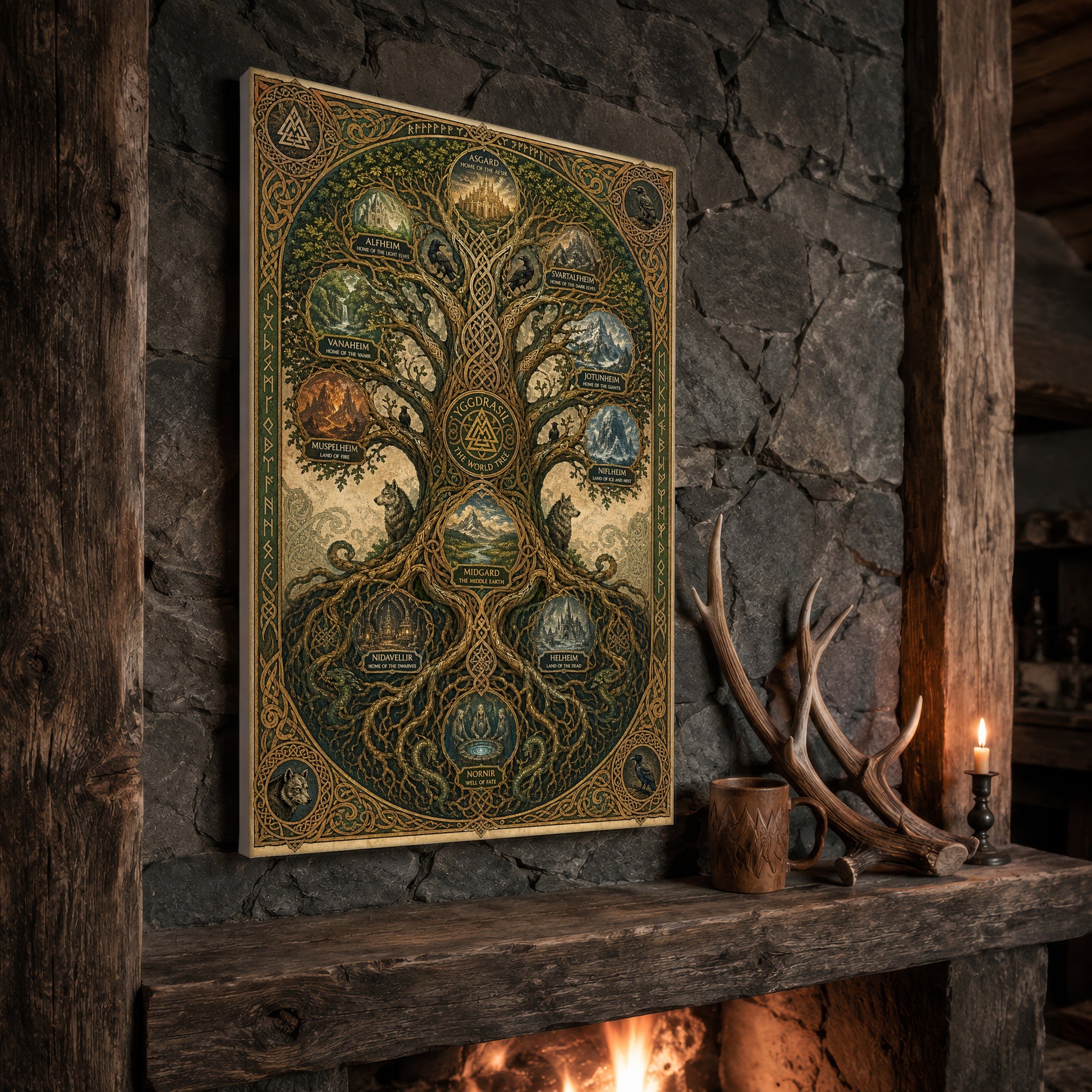 The Nine Realms chart print propped at an angle on a rustic stone fireplace mantel framed by timber beams, beside shed antlers, a carved wooden mug and a lit candle, with firelight glowing from the hearth below.