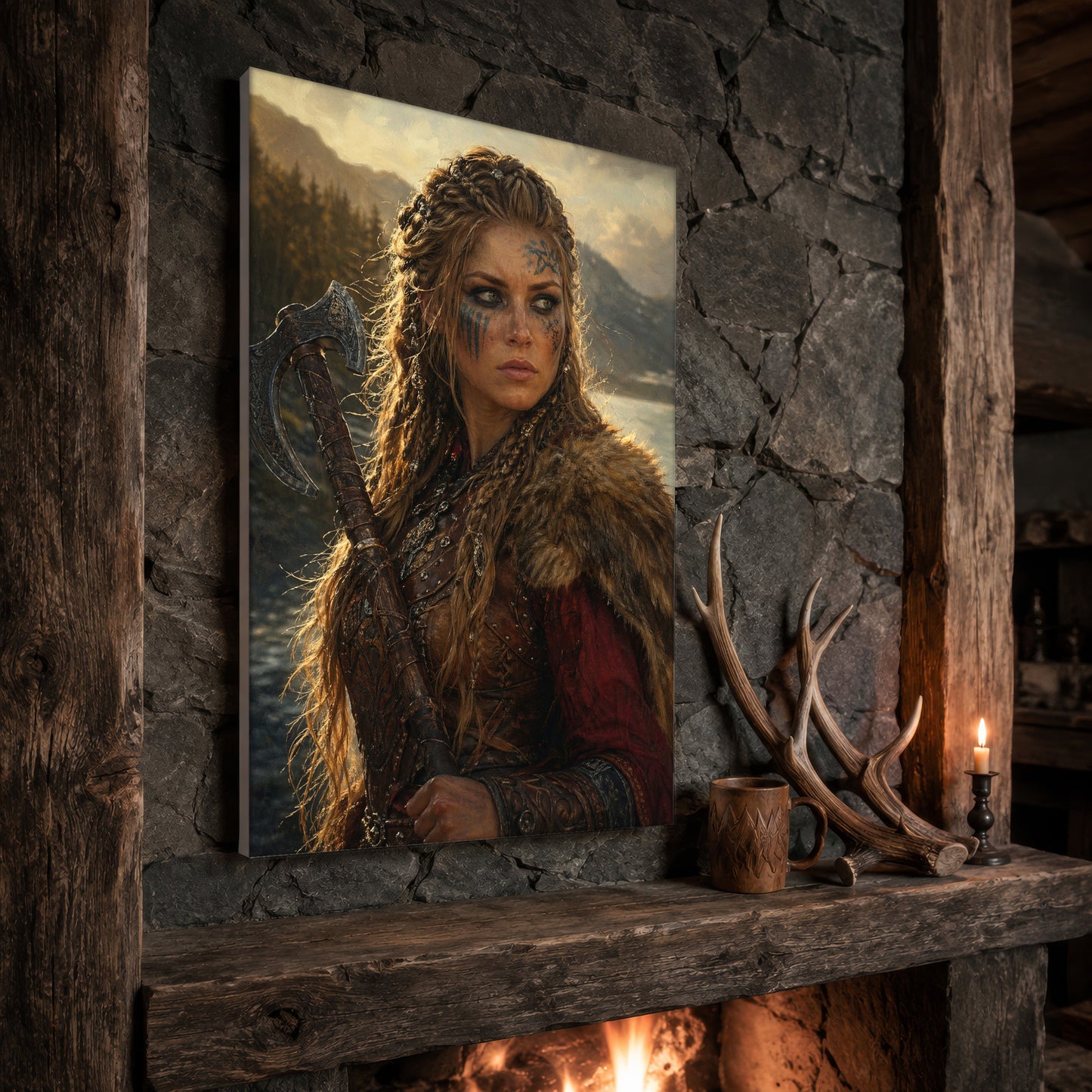 Shieldmaiden warrior print propped at an angle on a rustic stone fireplace mantel framed by timber beams, beside shed antlers, a carved wooden mug and a lit candle, with firelight glowing from the hearth below.