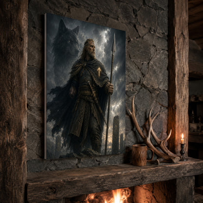 Tyr warrior god print propped at an angle on a rustic stone fireplace mantel framed by timber beams, beside shed antlers, a carved wooden mug and a lit candle, with firelight glowing from the hearth below.