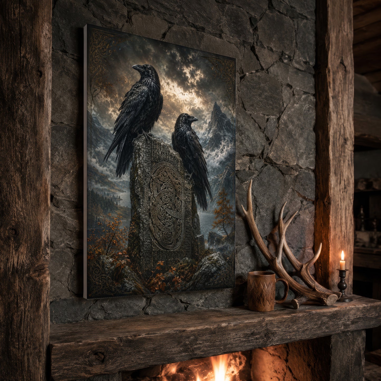 The Watchstone print propped at an angle on a rustic stone fireplace mantel framed by timber beams, beside shed antlers, a carved wooden mug and a lit candle, with firelight glowing from the hearth below.