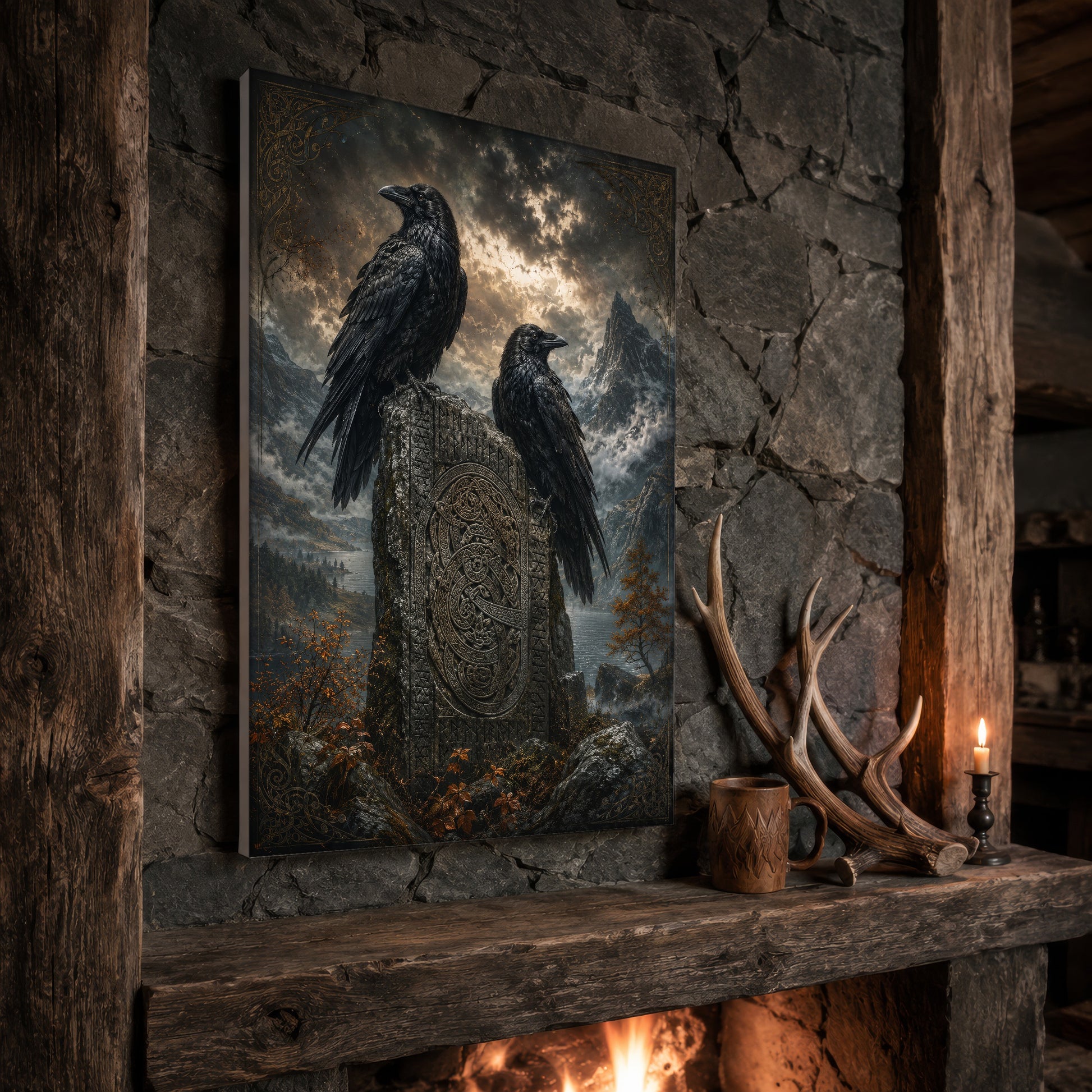 The Watchstone print propped at an angle on a rustic stone fireplace mantel framed by timber beams, beside shed antlers, a carved wooden mug and a lit candle, with firelight glowing from the hearth below.