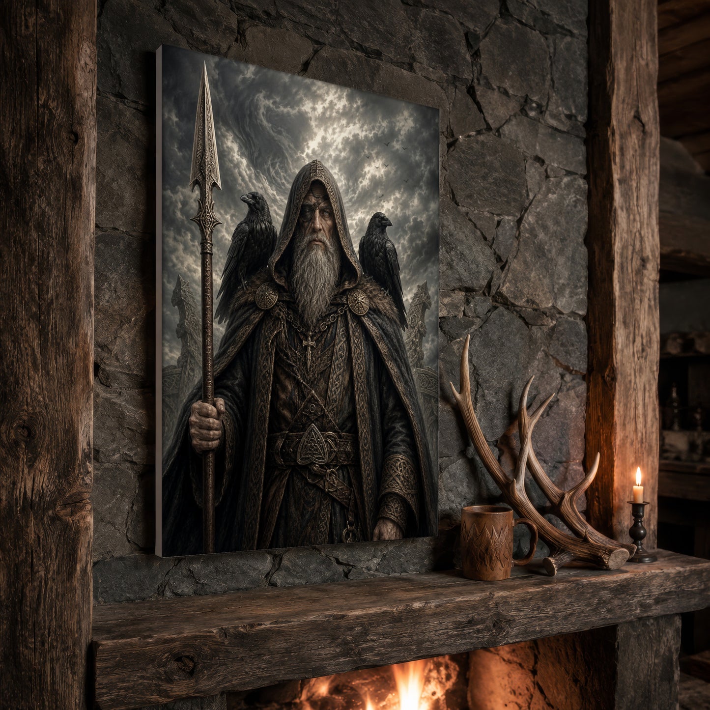 Gungnir norse god print propped at an angle on a rustic stone fireplace mantel framed by timber beams, beside shed antlers, a carved wooden mug and a lit candle, with firelight glowing from the hearth below.