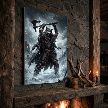 Berserker Rage print propped at an angle on a rustic stone fireplace mantel framed by timber beams, beside shed antlers, a carved wooden mug and a lit candle, with firelight glowing from the hearth below.