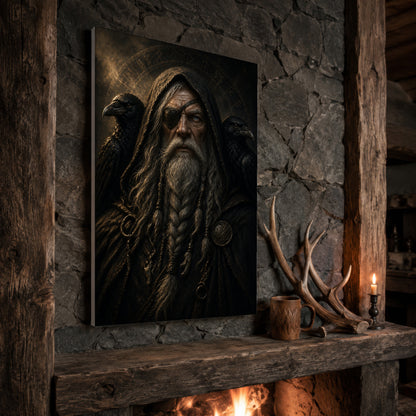The Allfather odin print propped at an angle on a rustic stone fireplace mantel framed by timber beams, beside shed antlers, a carved wooden mug and a lit candle, with firelight glowing from the hearth below.