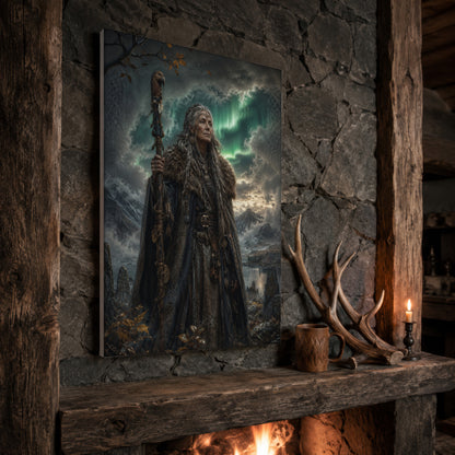 Spákona prophetess print propped at an angle on a rustic stone fireplace mantel framed by timber beams, beside shed antlers, a carved wooden mug and a lit candle, with firelight glowing from the hearth below.