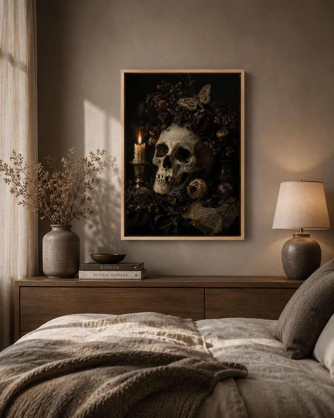 Asphodel | Memento Mori Wall Art | Skull and Moth Vanitas Canvas Print | Gothic Botanical Decor