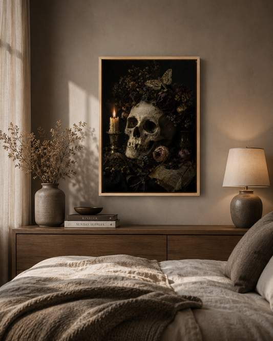 Asphodel | Memento Mori Wall Art | Skull and Moth Vanitas Canvas Print | Gothic Botanical Decor