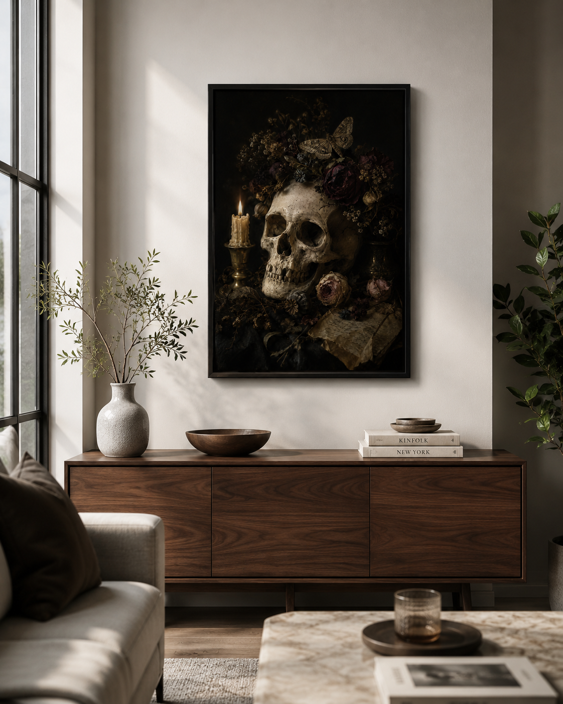 Asphodel | Memento Mori Wall Art | Skull and Moth Vanitas Canvas Print | Gothic Botanical Decor