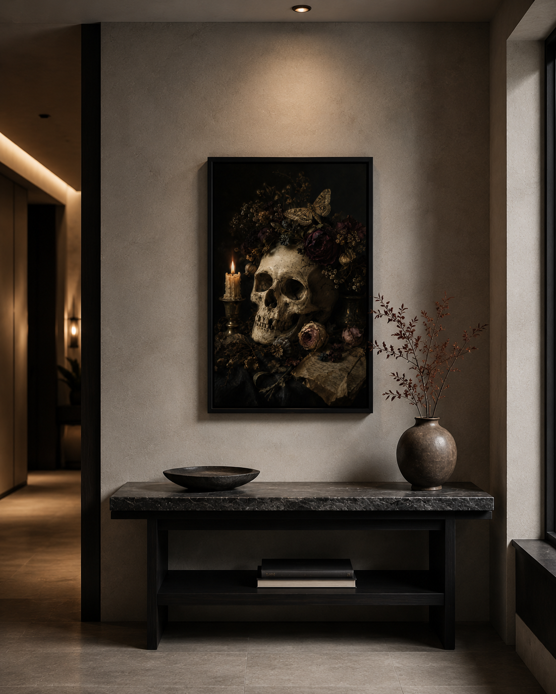 Asphodel | Memento Mori Wall Art | Skull and Moth Vanitas Canvas Print | Gothic Botanical Decor