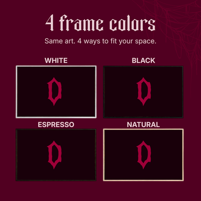 Frame colour guide for The Last Waltz showing four landscape frames — white, espresso, black and natural — each holding a dark panel marked with the red Draugon monogram, under the caption Same art. 4 ways to fit your space.