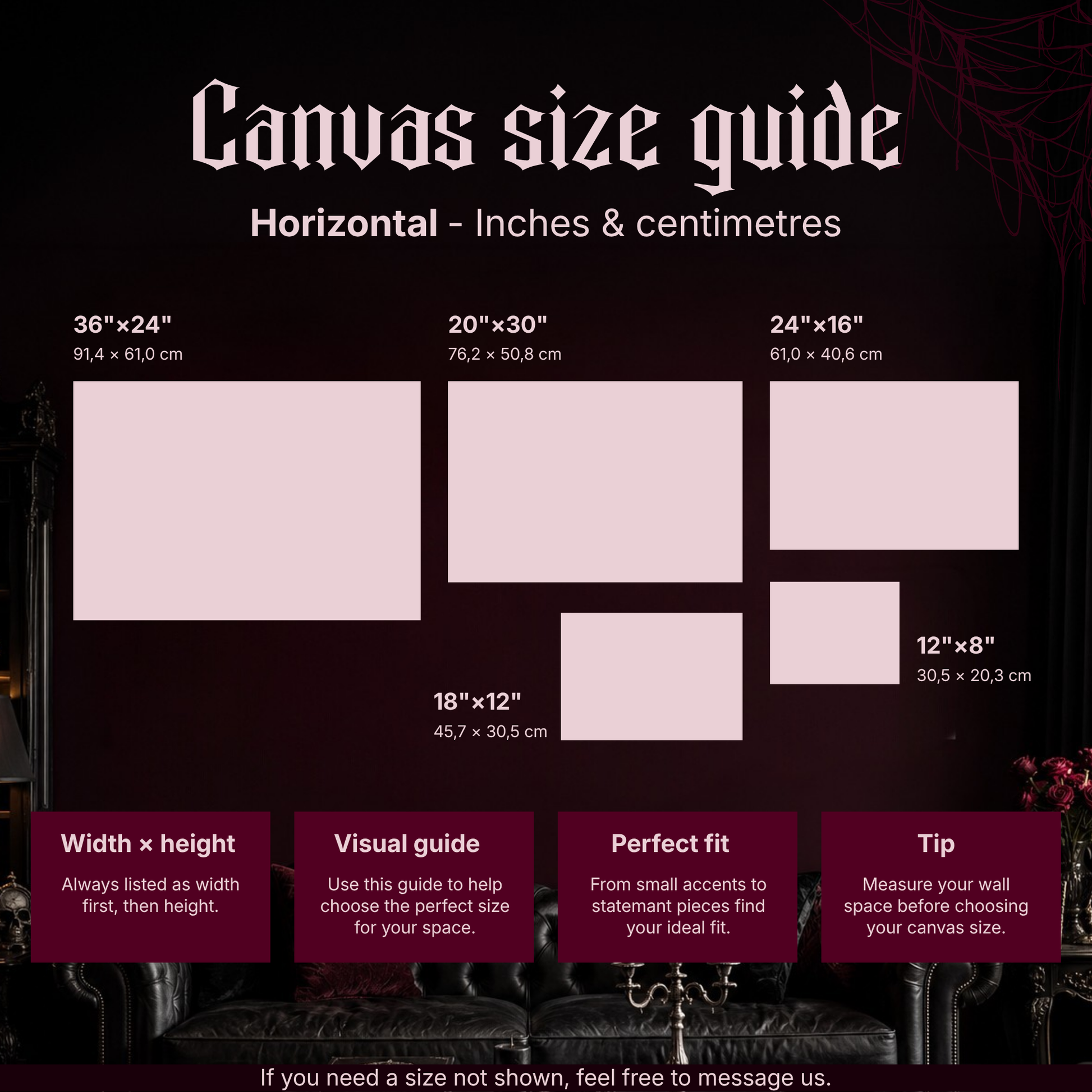 Landscape canvas size guide for Nightwatch showing five horizontal sizes with centimetre conversions — 36x24, 30x20, 24x16, 18x12 and 12x8 inches — displayed on a dark red wall above a black leather sofa with lit candles.