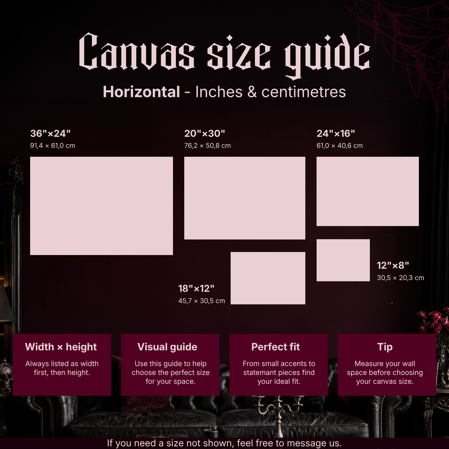 Landscape canvas size guide for The Last Waltz showing five horizontal sizes with centimetre conversions — 36x24, 30x20, 24x16, 18x12 and 12x8 inches — displayed on a dark red wall above a black leather sofa with lit candles.