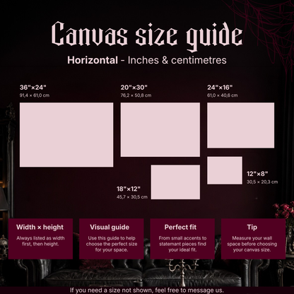 Landscape canvas size guide for The Last Waltz showing five horizontal sizes with centimetre conversions — 36x24, 30x20, 24x16, 18x12 and 12x8 inches — displayed on a dark red wall above a black leather sofa with lit candles.