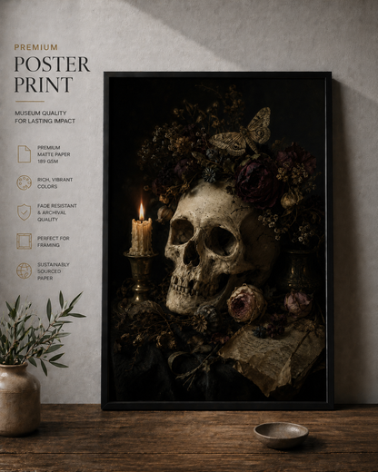 Asphodel | Memento Mori Wall Art | Skull and Moth Vanitas Canvas Print | Gothic Botanical Decor
