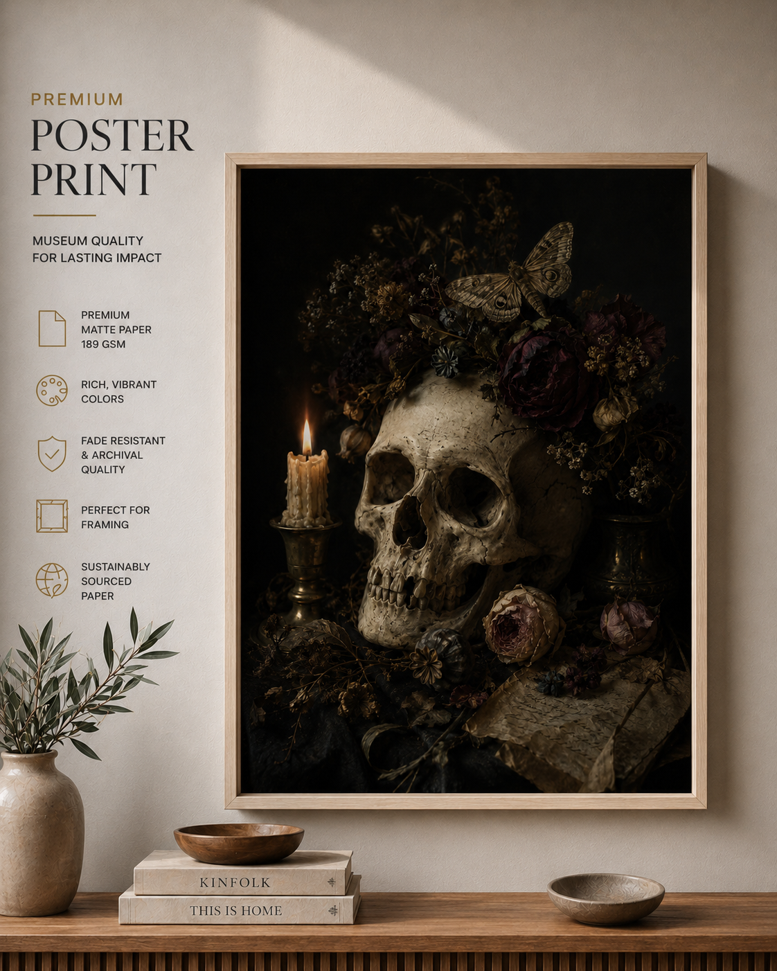 Asphodel | Memento Mori Wall Art | Skull and Moth Vanitas Canvas Print | Gothic Botanical Decor