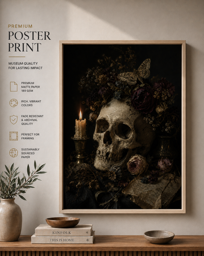 Asphodel | Memento Mori Wall Art | Skull and Moth Vanitas Canvas Print | Gothic Botanical Decor