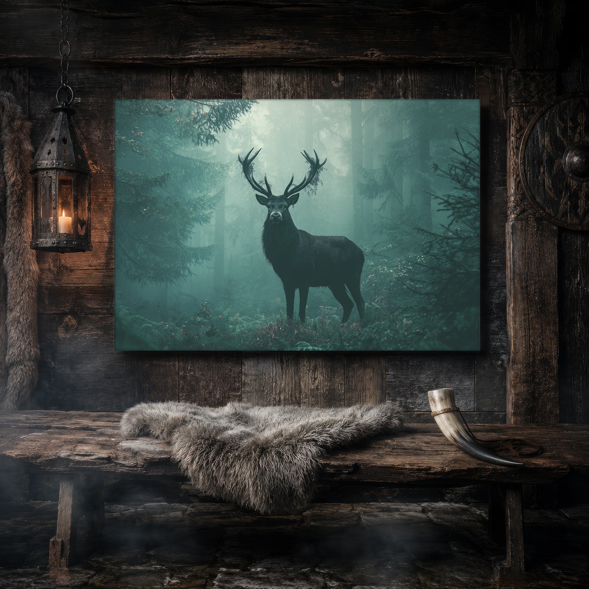 The Green Chapel misty forest canvas hanging on a dark weathered wood-plank wall above a rustic bench draped with a grey sheepskin and a bound drinking horn, lit by a hanging iron lantern, with a carved Norse shield on the wall to the right.