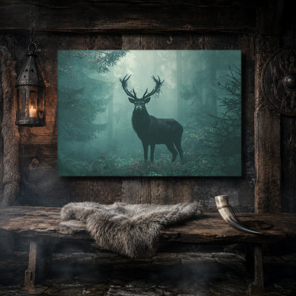 The Green Chapel misty forest canvas hanging on a dark weathered wood-plank wall above a rustic bench draped with a grey sheepskin and a bound drinking horn, lit by a hanging iron lantern, with a carved Norse shield on the wall to the right.