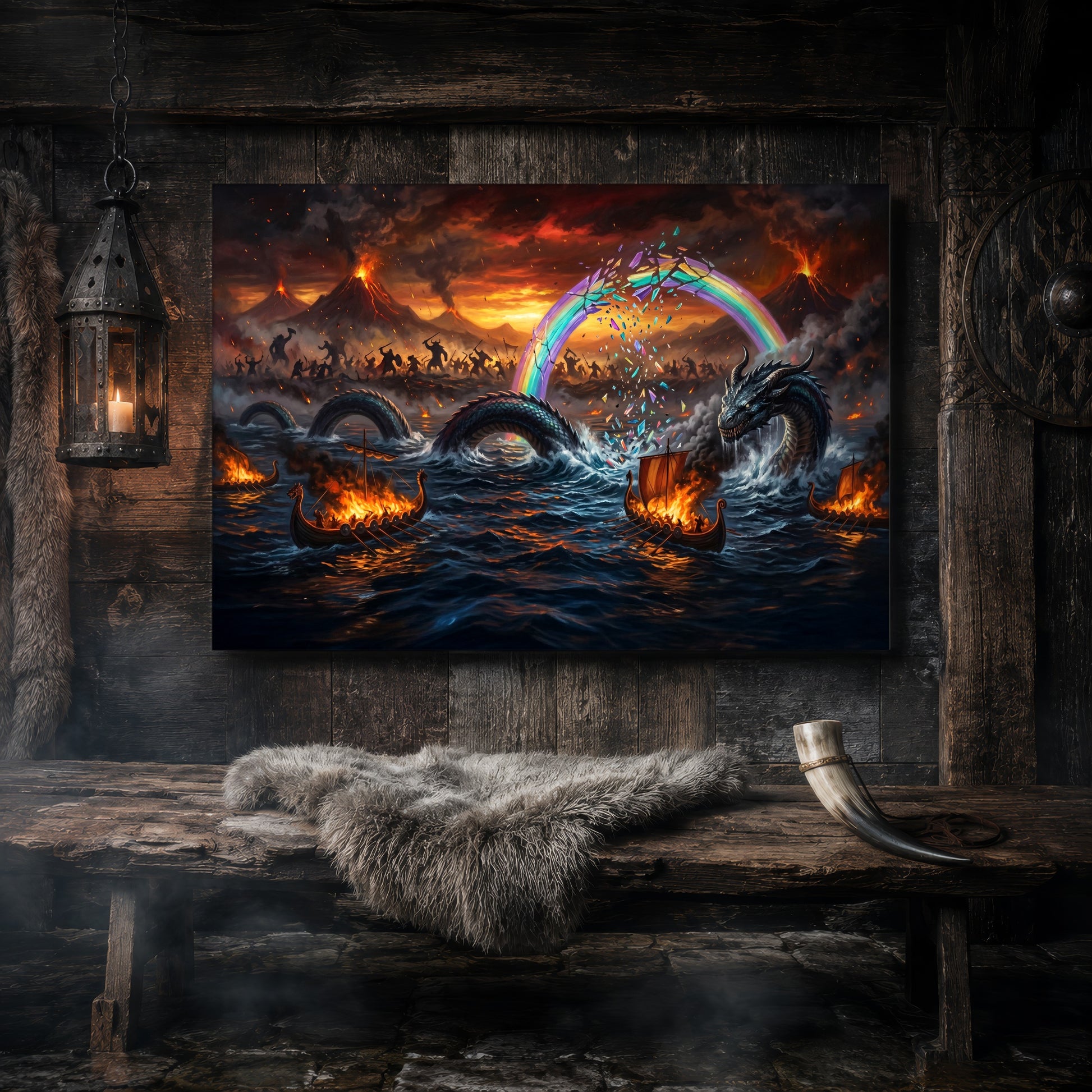 Ragnarök canvas hanging on a dark weathered wood-plank wall above a rustic bench draped with a grey sheepskin and a bound drinking horn, lit by a hanging iron lantern, with a carved Norse shield on the wall to the right.