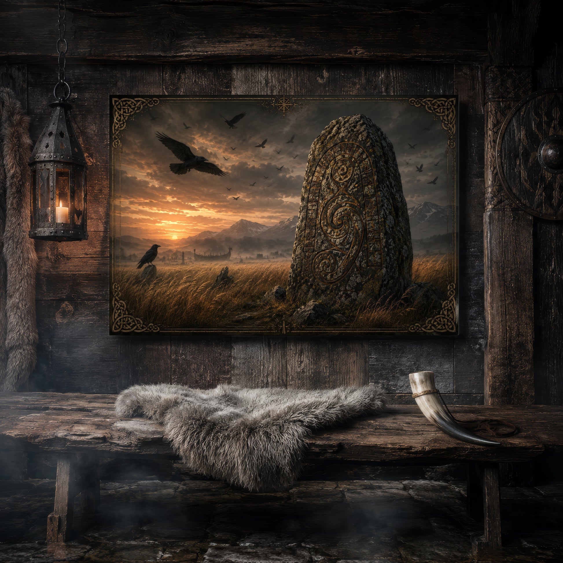  The Harvest Stone canvas hanging on a dark weathered wood-plank wall above a rustic bench draped with a grey sheepskin and a bound drinking horn, lit by a hanging iron lantern, with a carved Norse shield on the wall to the right.