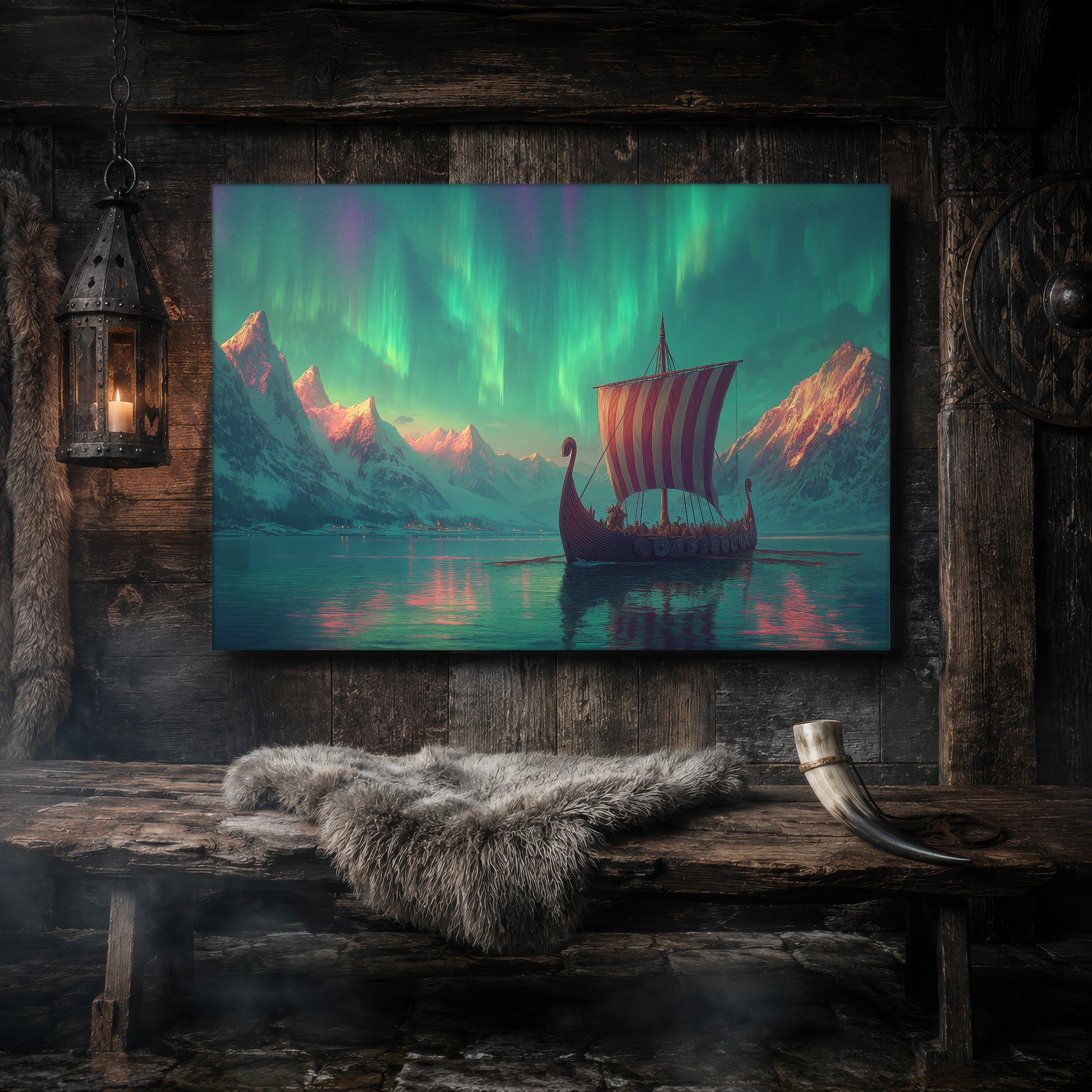 Vinland canvas hanging on a dark weathered wood-plank wall above a rustic bench draped with a grey sheepskin and a bound drinking horn, lit by a hanging iron lantern, with a carved Norse shield on the wall to the right.