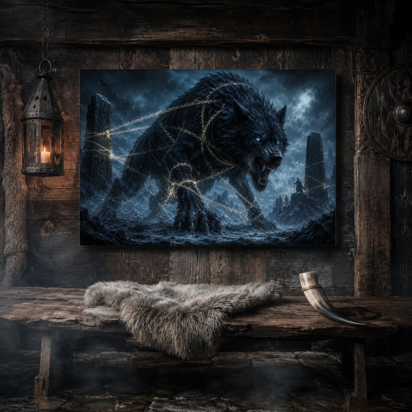 Fenrir canvas hanging on a dark weathered wood-plank wall above a rustic bench draped with a grey sheepskin and a bound drinking horn, lit by a hanging iron lantern, with a carved Norse shield on the wall to the right.