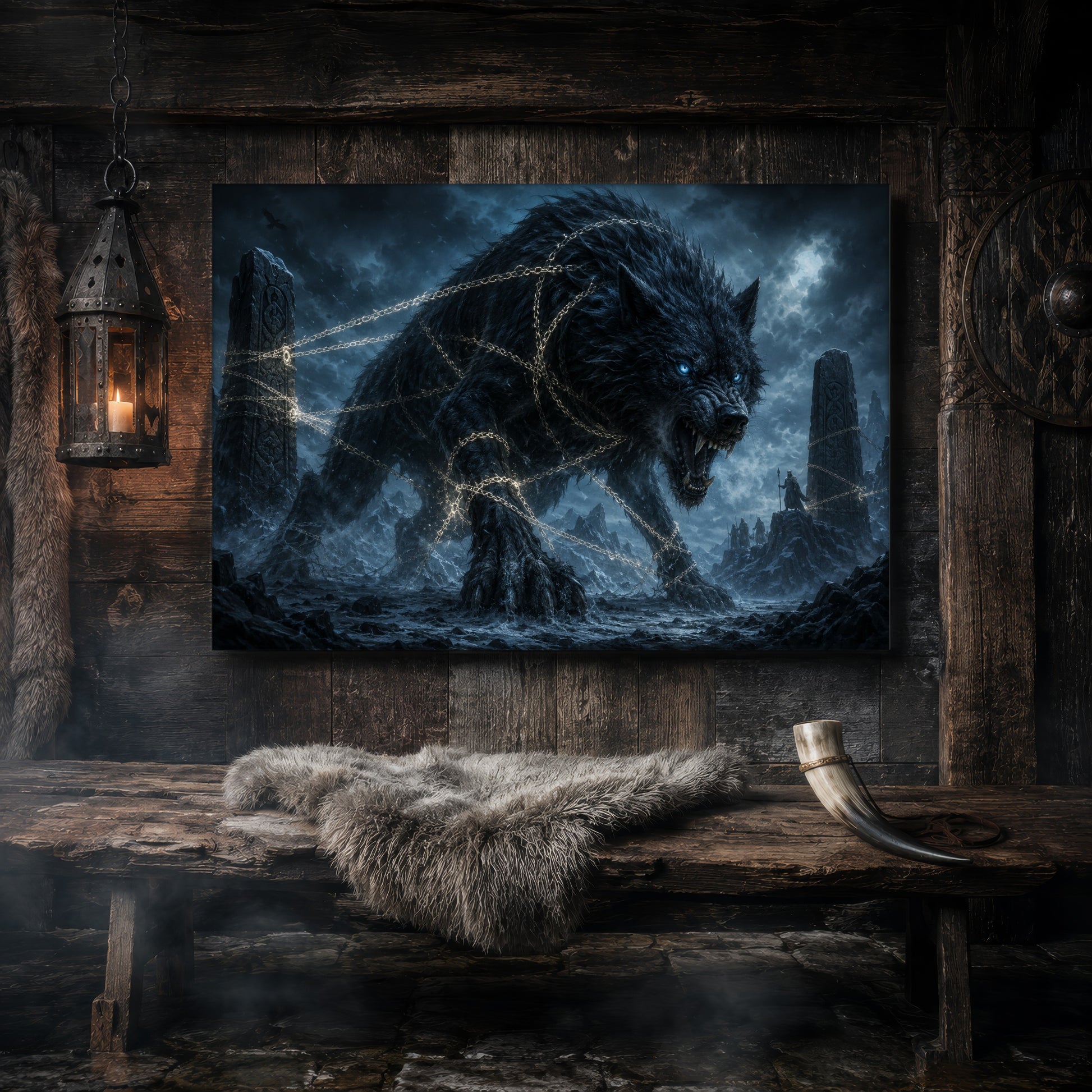 Fenrir canvas hanging on a dark weathered wood-plank wall above a rustic bench draped with a grey sheepskin and a bound drinking horn, lit by a hanging iron lantern, with a carved Norse shield on the wall to the right.