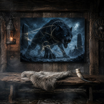 Fenrir canvas hanging on a dark weathered wood-plank wall above a rustic bench draped with a grey sheepskin and a bound drinking horn, lit by a hanging iron lantern, with a carved Norse shield on the wall to the right.