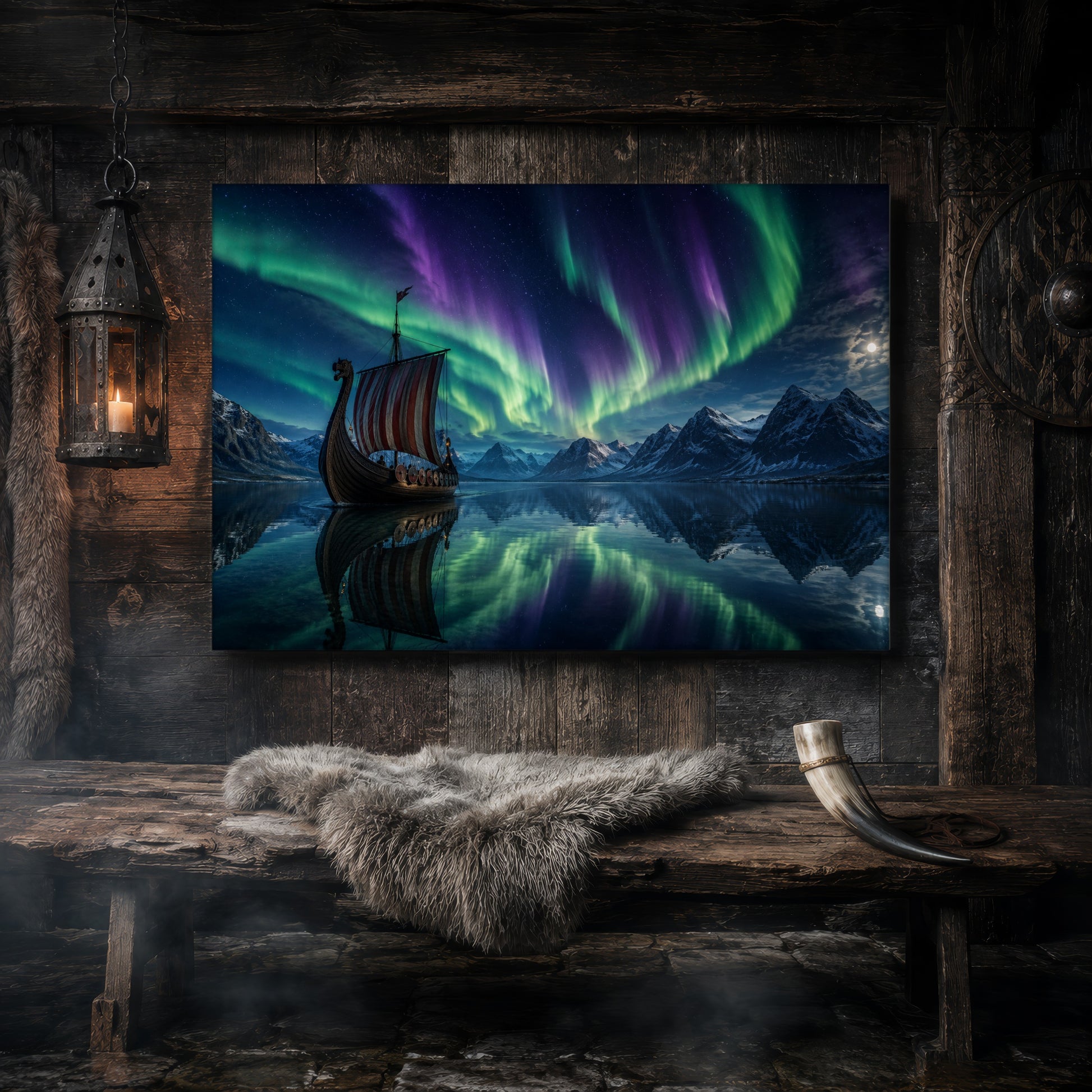 Drakkar canvas hanging on a dark weathered wood-plank wall above a rustic bench draped with a grey sheepskin and a bound drinking horn, lit by a hanging iron lantern, with a carved Norse shield on the wall to the right.