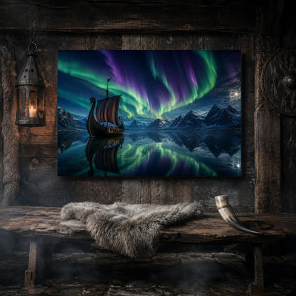 Drakkar canvas hanging on a dark weathered wood-plank wall above a rustic bench draped with a grey sheepskin and a bound drinking horn, lit by a hanging iron lantern, with a carved Norse shield on the wall to the right.