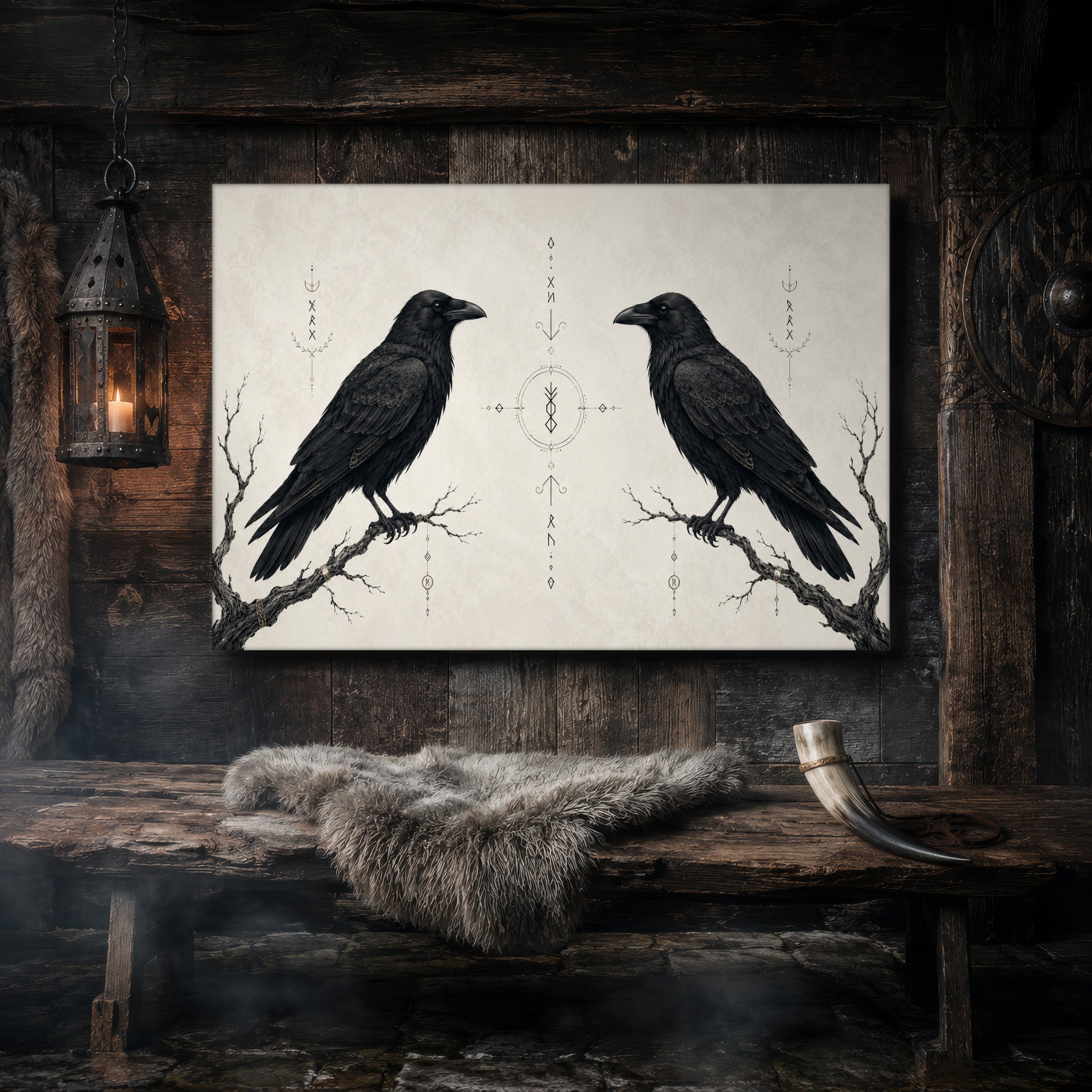 Huginn & Muninn canvas hanging on a dark weathered wood-plank wall above a rustic bench draped with a grey sheepskin and a bound drinking horn, lit by a hanging iron lantern, with a carved Norse shield on the wall to the right.