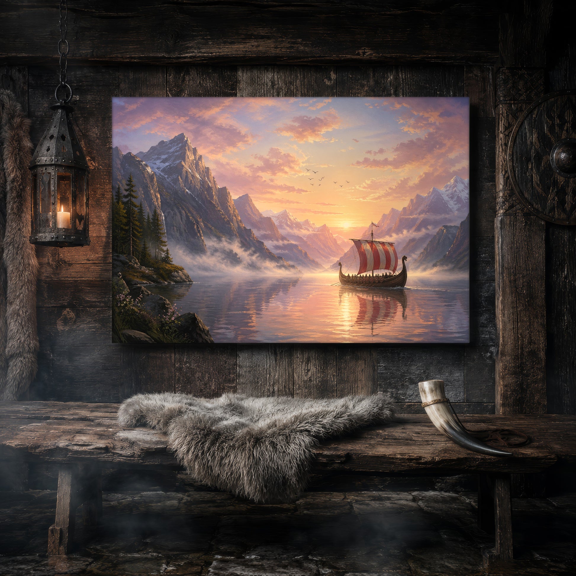 The Longship at Dawn canvas hanging on a dark weathered wood-plank wall above a rustic bench draped with a grey sheepskin and a bound drinking horn, lit by a hanging iron lantern, with a carved Norse shield on the wall to the right.