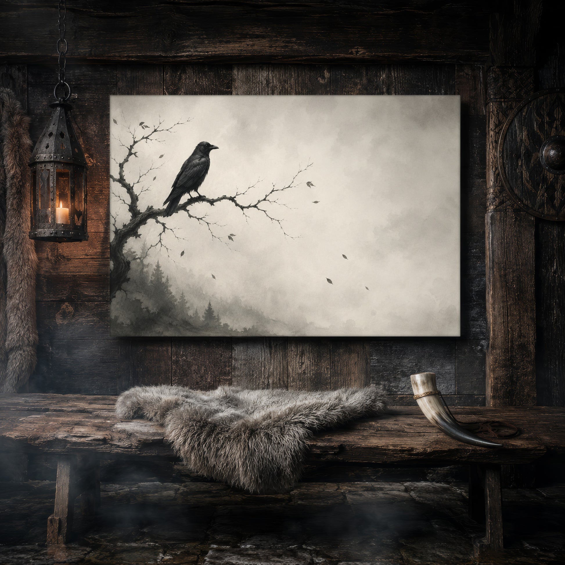 Hollow Morning ink wash canvas hanging on a dark weathered wood-plank wall above a rustic bench draped with a grey sheepskin and a bound drinking horn, lit by a hanging iron lantern, with a carved Norse shield on the wall to the right.
