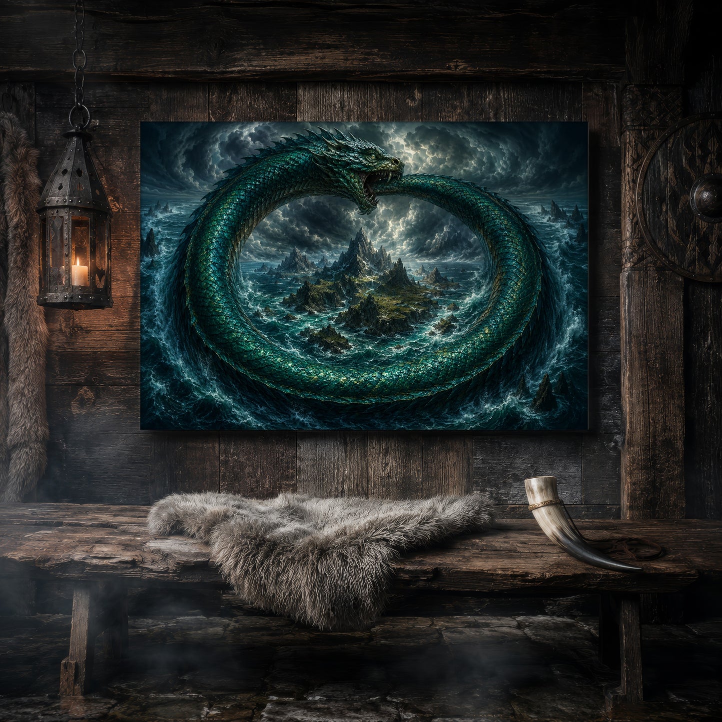 Jörmungandr canvas hanging on a dark weathered wood-plank wall above a rustic bench draped with a grey sheepskin and a bound drinking horn, lit by a hanging iron lantern, with a carved Norse shield on the wall to the right.