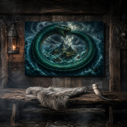 Jörmungandr canvas hanging on a dark weathered wood-plank wall above a rustic bench draped with a grey sheepskin and a bound drinking horn, lit by a hanging iron lantern, with a carved Norse shield on the wall to the right.