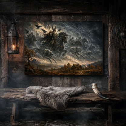 Oskoreia canvas hanging on a dark weathered wood-plank wall above a rustic bench draped with a white sheepskin, lit by a hanging iron lantern with a burning candle, with a carved Norse shield on the wall to the right and a drinking horn resting on the bench.
