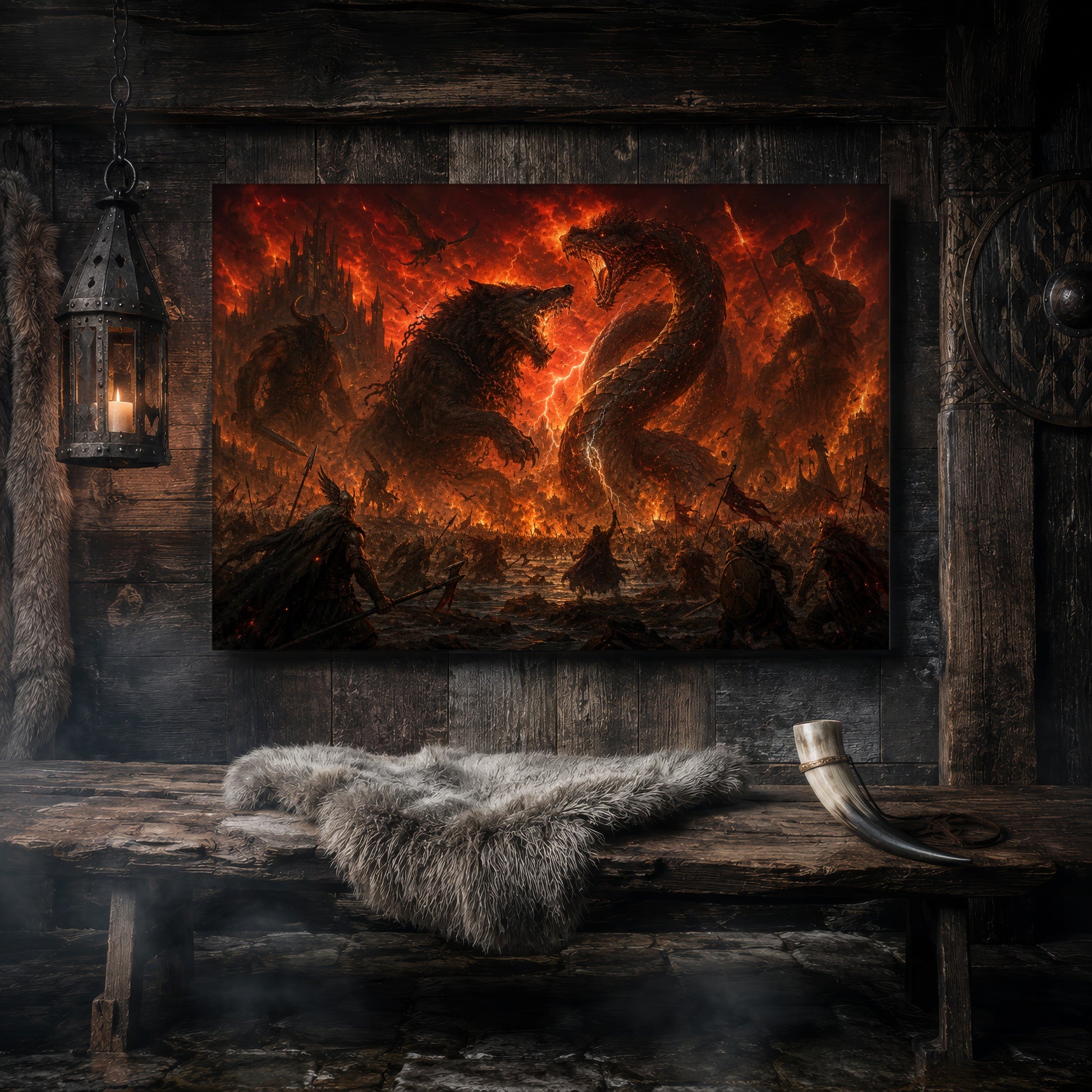 Twilight of the Gods canvas hanging on a dark weathered wood-plank wall above a rustic bench draped with a grey sheepskin and a bound drinking horn, lit by a hanging iron lantern, with a carved Norse shield on the wall to the right.