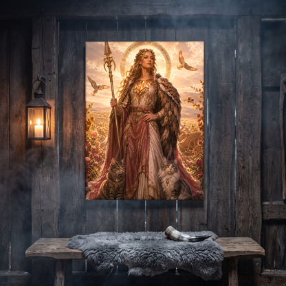 Freya canvas hanging on a weathered grey wood-plank wall above a rustic bench draped with a grey sheepskin and a polished drinking horn, lit by an iron wall lantern holding a burning candle.