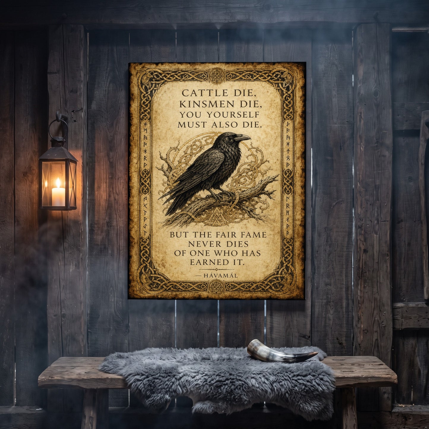 Hávamál canvas hanging on a weathered grey wood-plank wall above a rustic bench draped with a grey sheepskin and a polished drinking horn, lit by an iron wall lantern holding a burning candle.