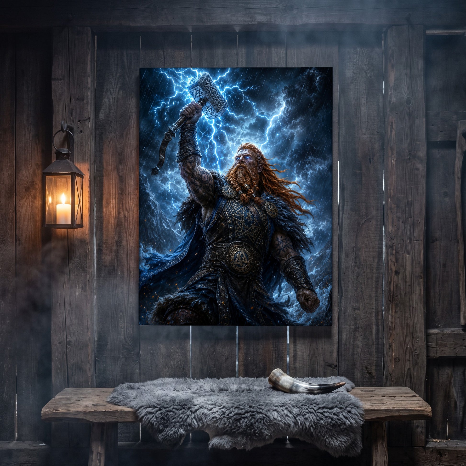 Mjölnir canvas hanging on a weathered grey wood-plank wall above a rustic bench draped with a grey sheepskin and a polished drinking horn, lit by an iron wall lantern holding a burning candle.