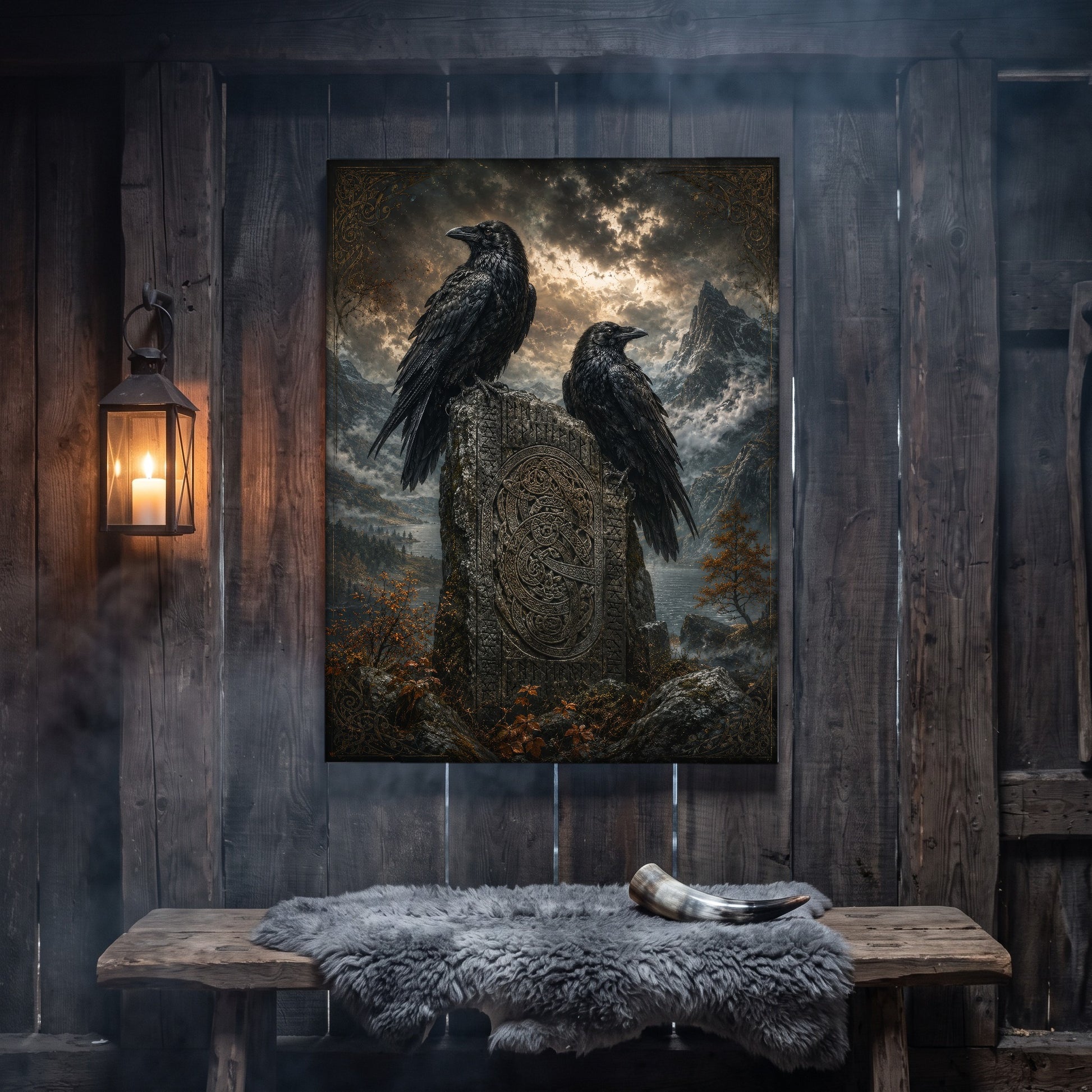 The Watchstone canvas hanging on a weathered grey wood-plank wall above a rustic bench draped with a grey sheepskin and a polished drinking horn, lit by an iron wall lantern holding a burning candle.
