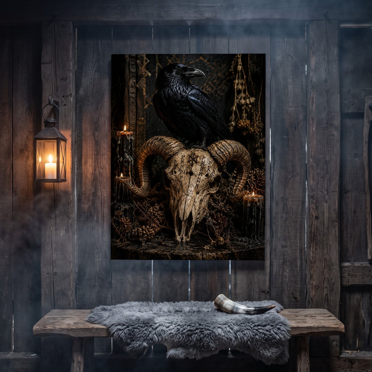 Valravn canvas hanging on a weathered grey wood-plank wall above a rustic bench draped with a grey sheepskin and a polished drinking horn, lit by an iron wall lantern holding a burning candle.