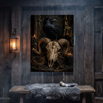 Valravn canvas hanging on a weathered grey wood-plank wall above a rustic bench draped with a grey sheepskin and a polished drinking horn, lit by an iron wall lantern holding a burning candle.
