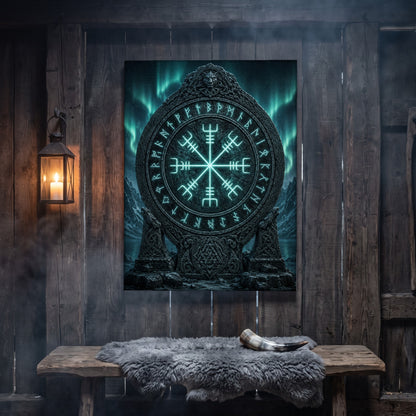 Vegvísir canvas hanging on a weathered grey wood-plank wall above a rustic bench draped with a grey sheepskin and a polished drinking horn, lit by an iron wall lantern holding a burning candle.